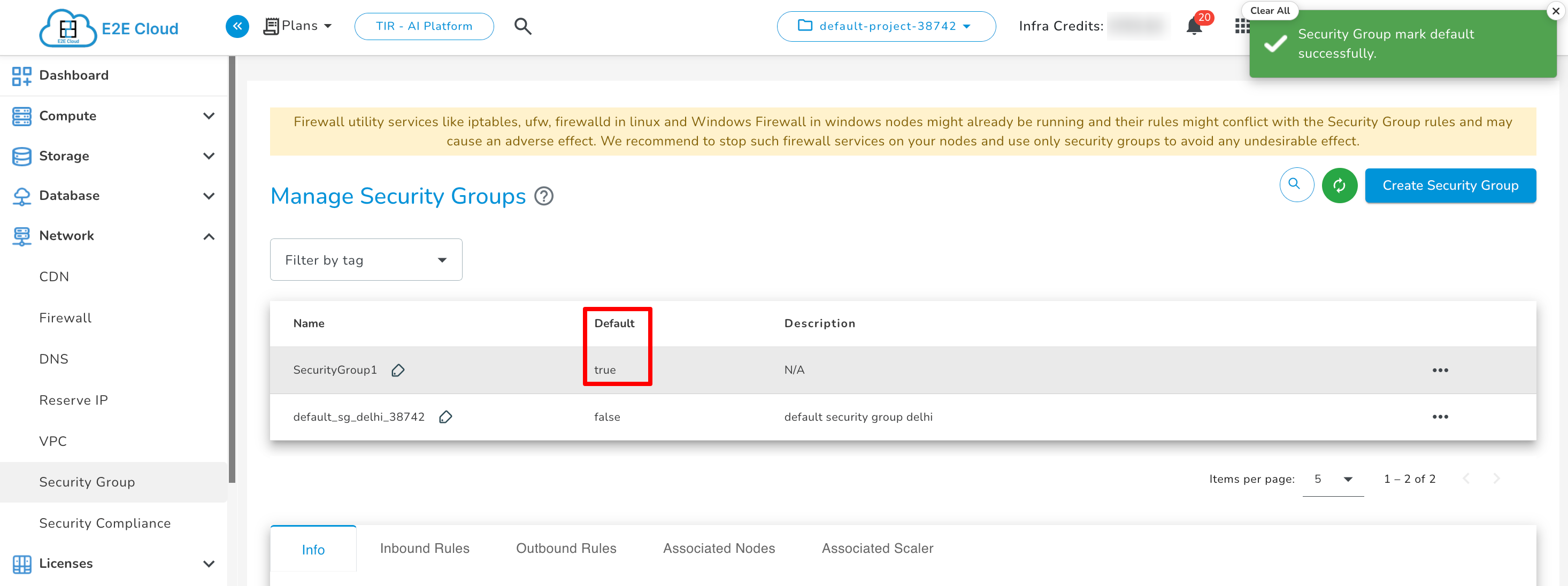 Default Security Group Confirmation