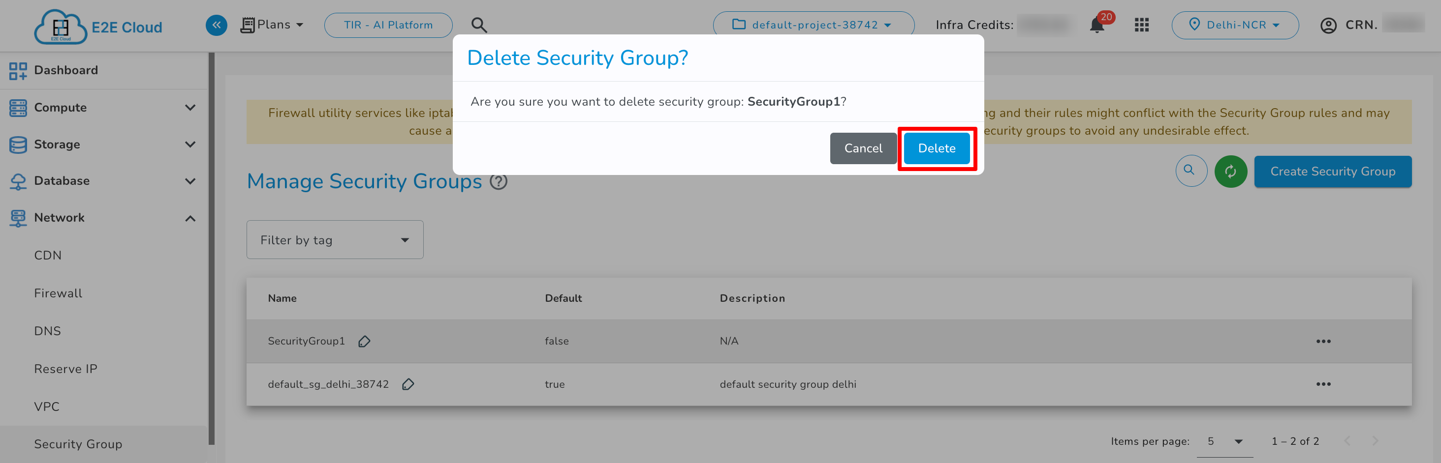 Delete Security Group Confirmation