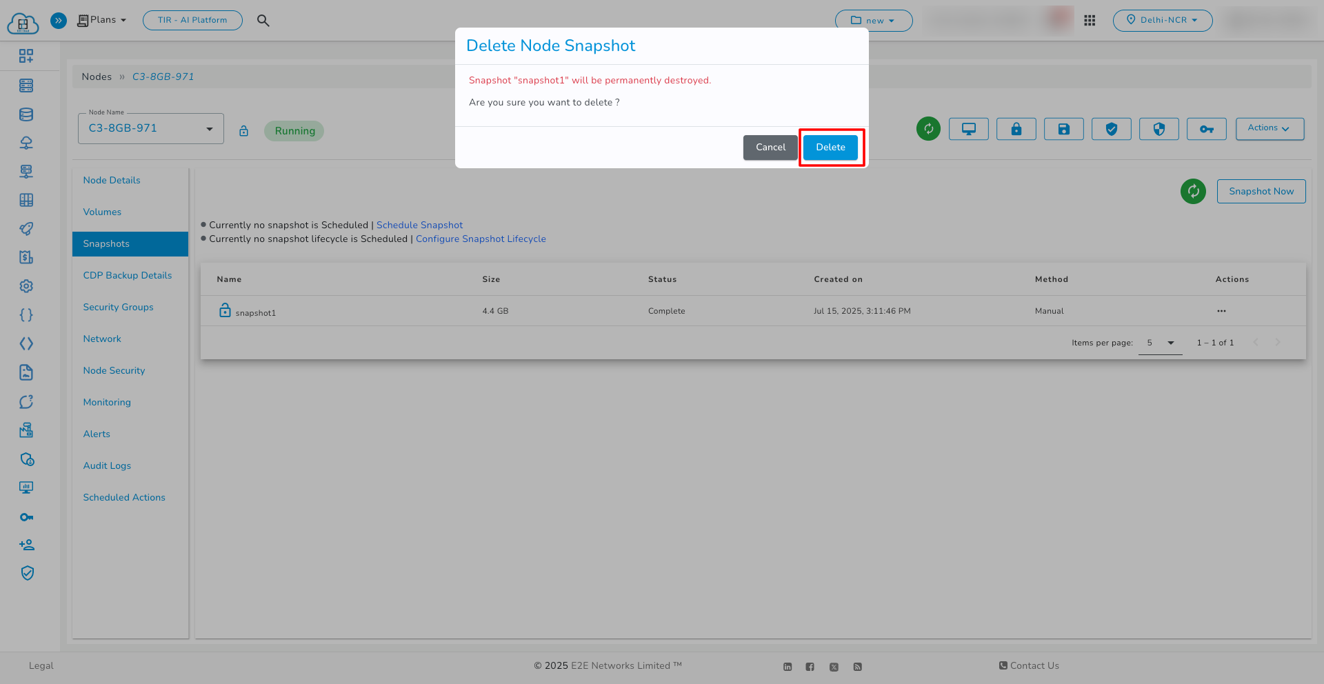 Delete Snapshot Pop-up