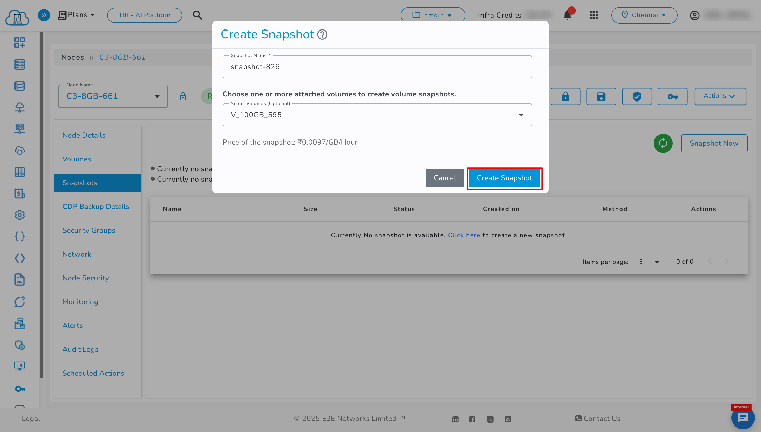 Create Snapshot Pop-up