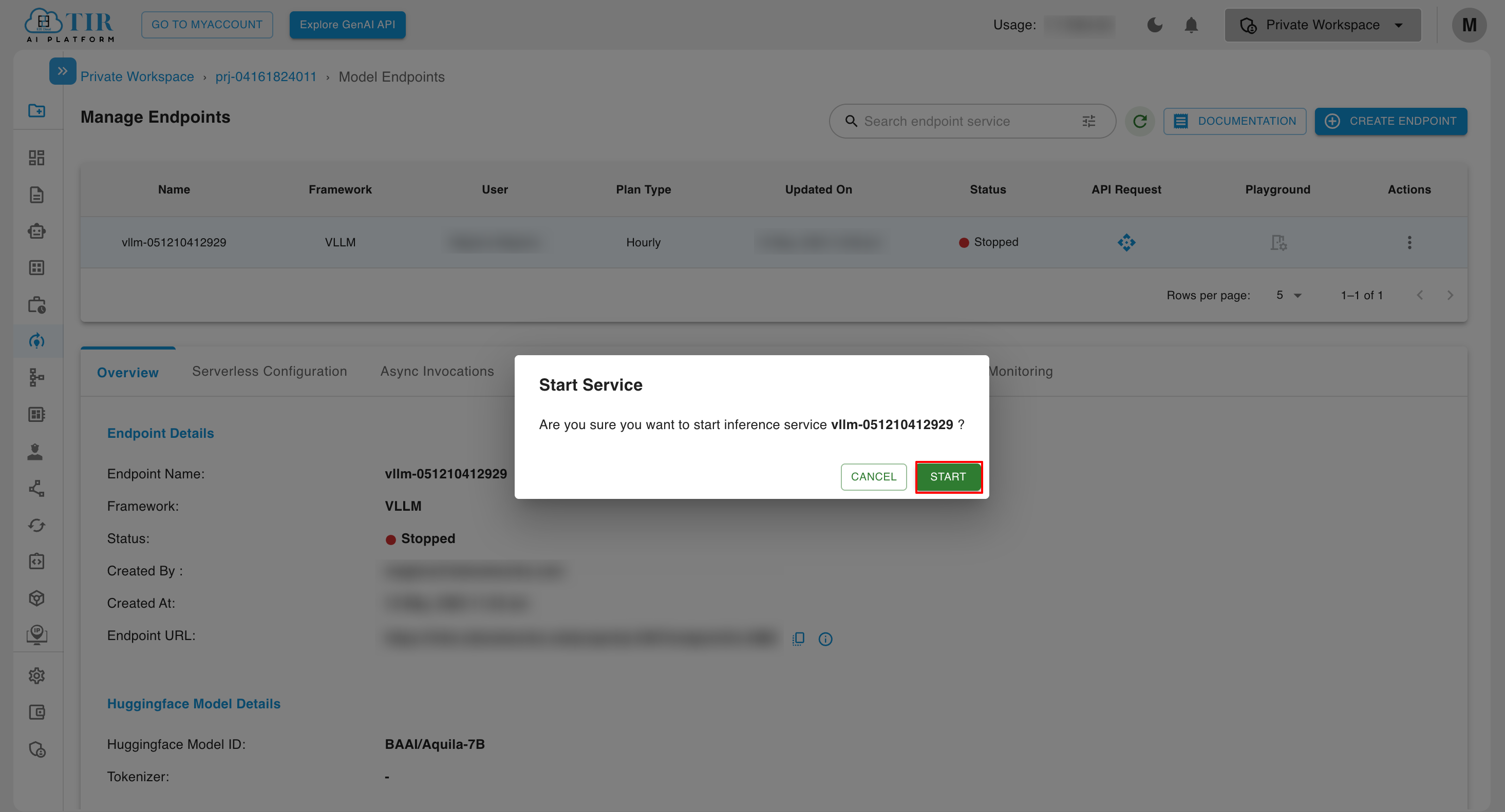 Start Model Endpoint