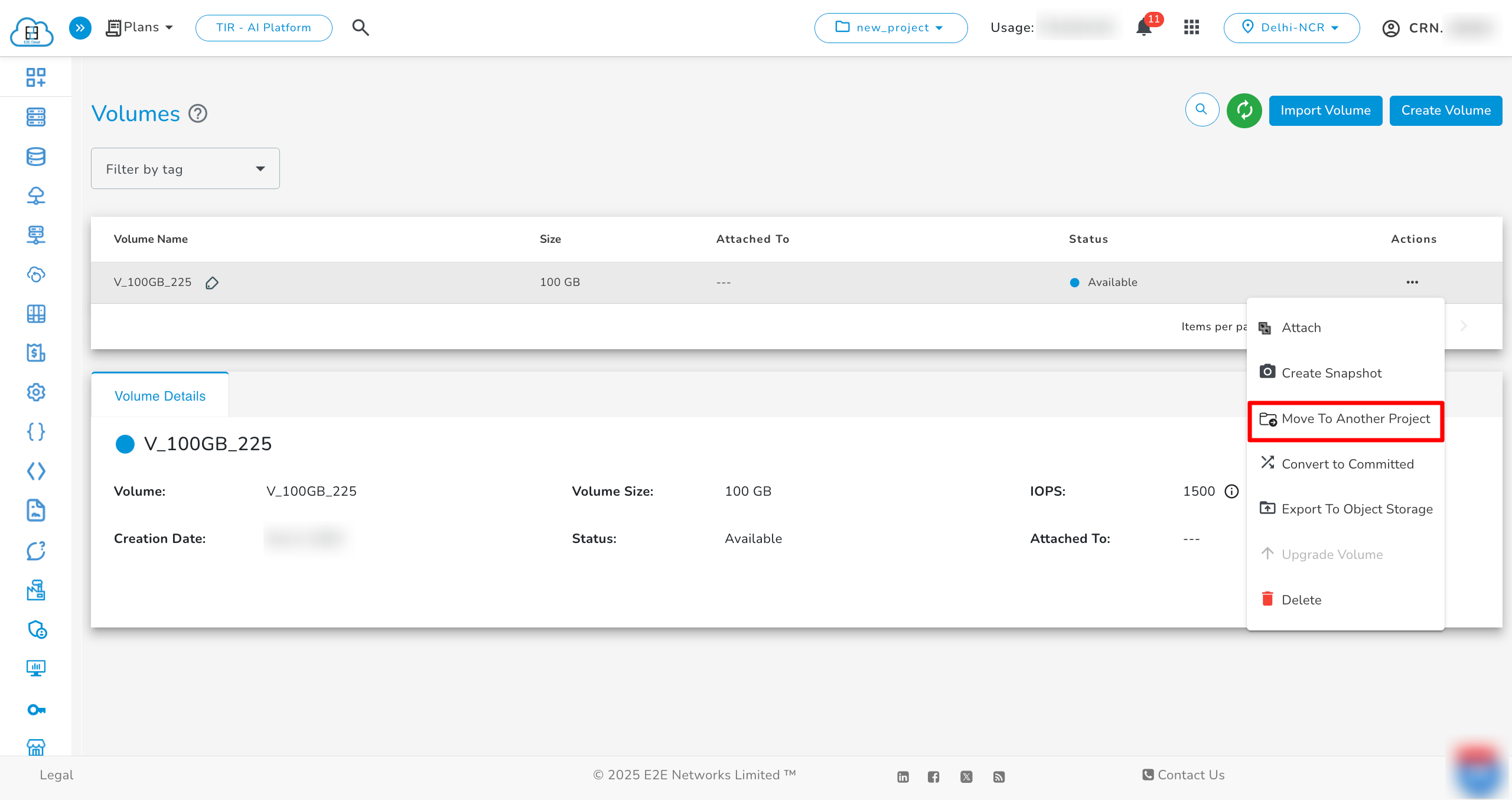 Move Volume to Another Project