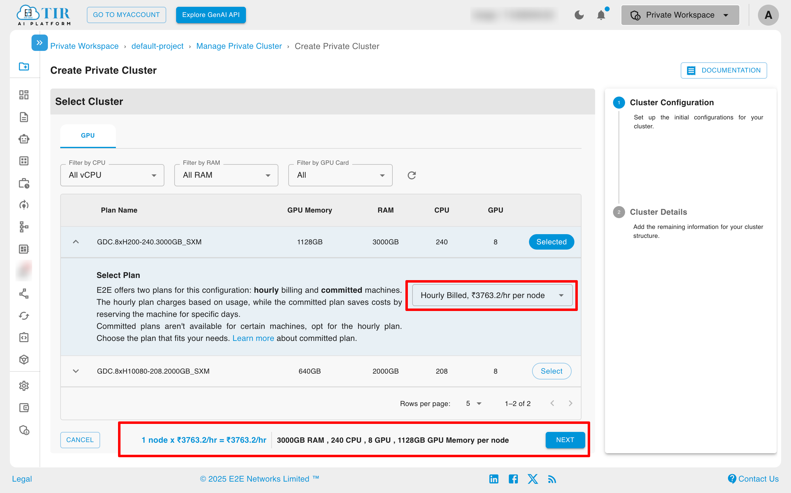 Cluster Hourly plan
