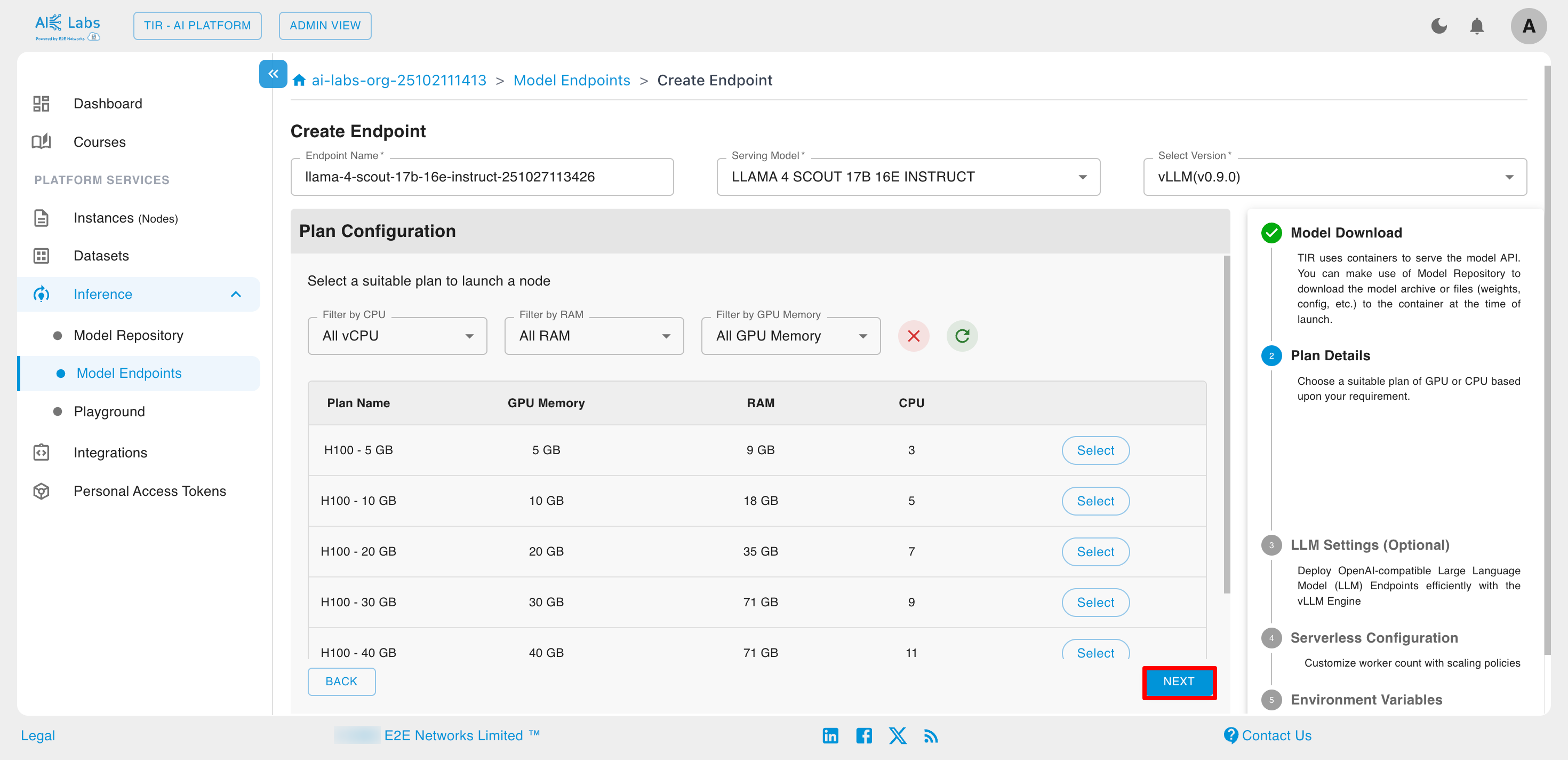 Model Endpoint Plans