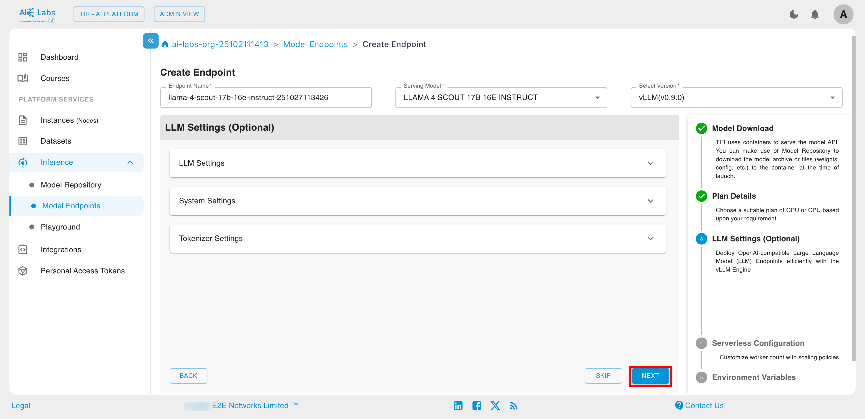 Model Endpoint LLM Settings