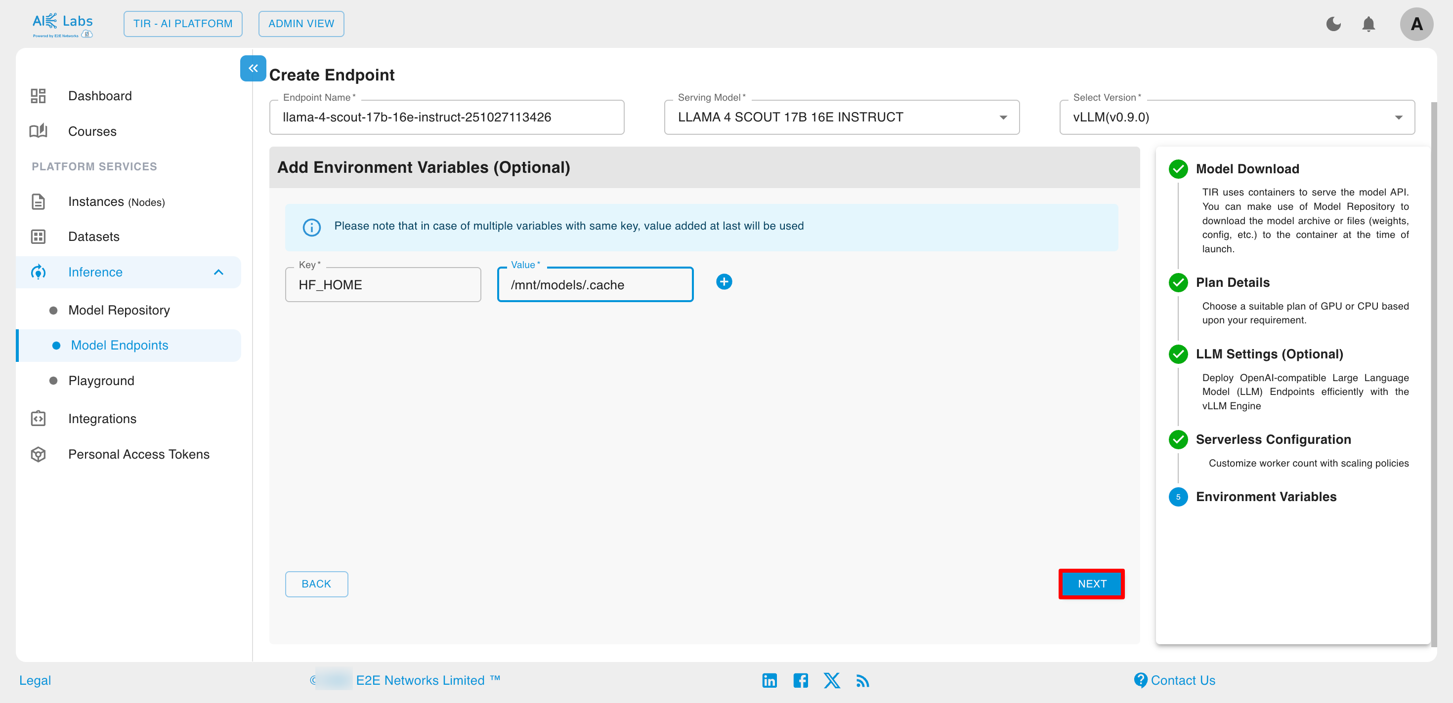 Model Endpoint Env variables