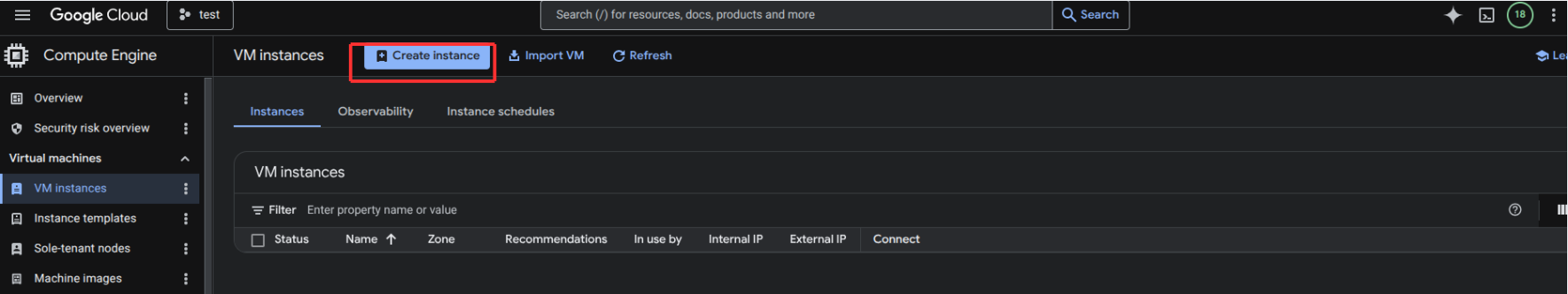 Create instance button