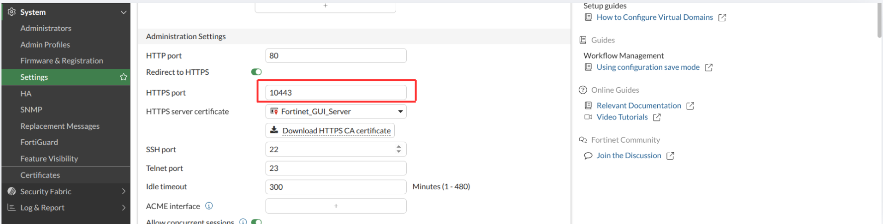 Change HTTPS port to 10443