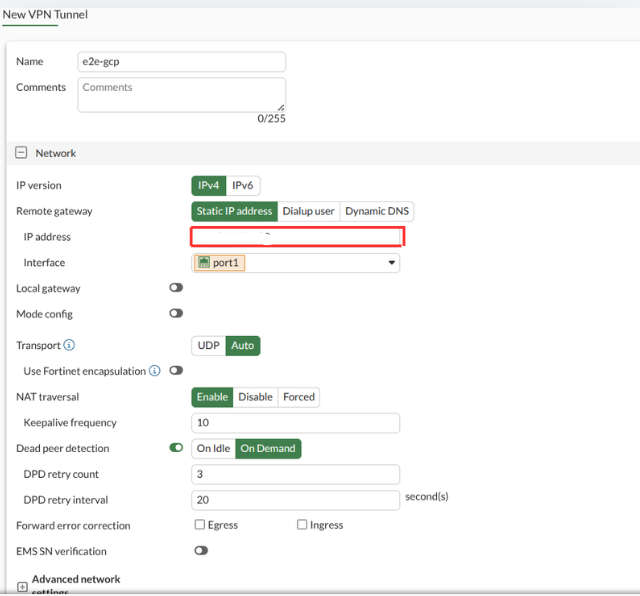 VPN tunnel network settings