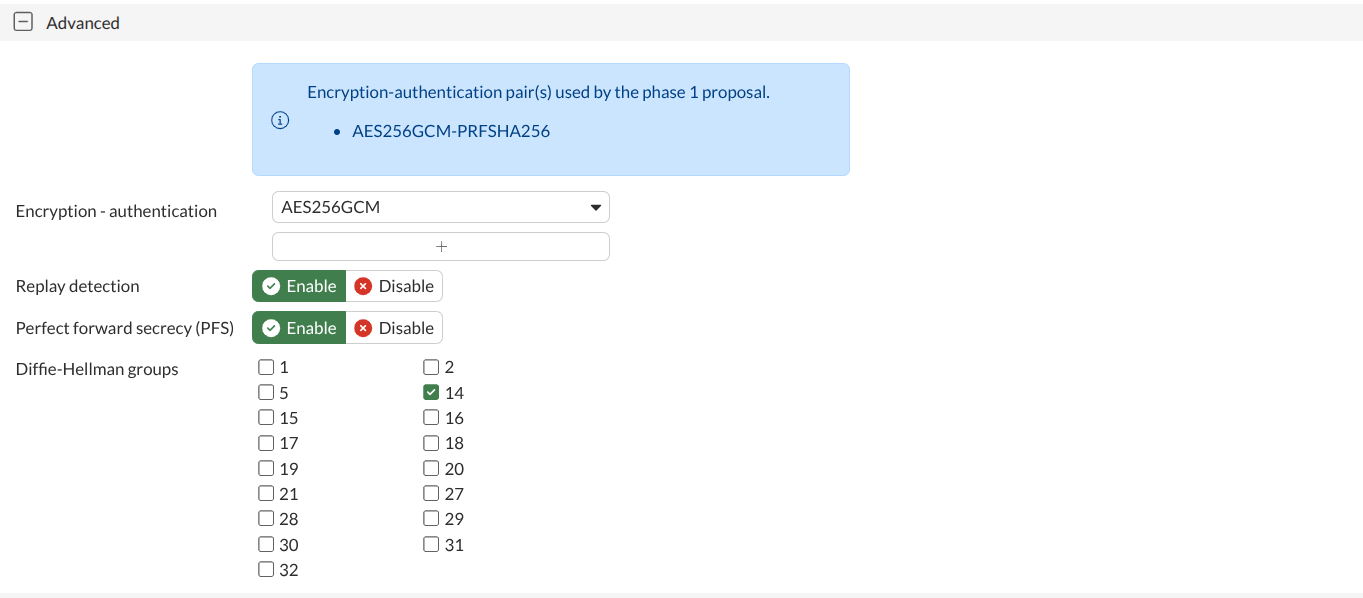 Phase 2 advanced settings