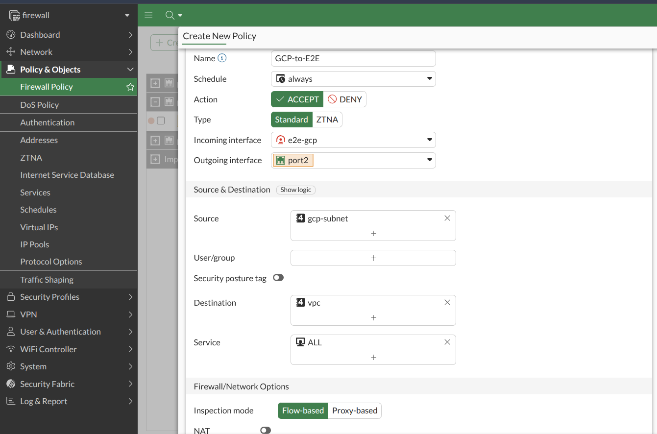 Firewall policy GCP to E2E