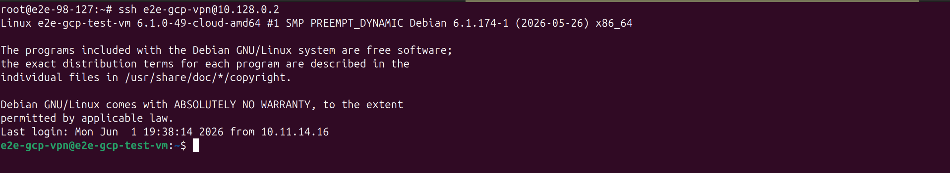 SSH from E2E to GCP — Successful