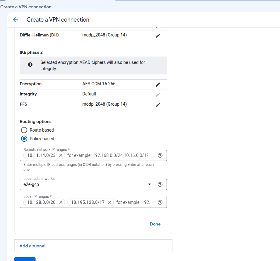 GCP VPN tunnel — updated local IP ranges