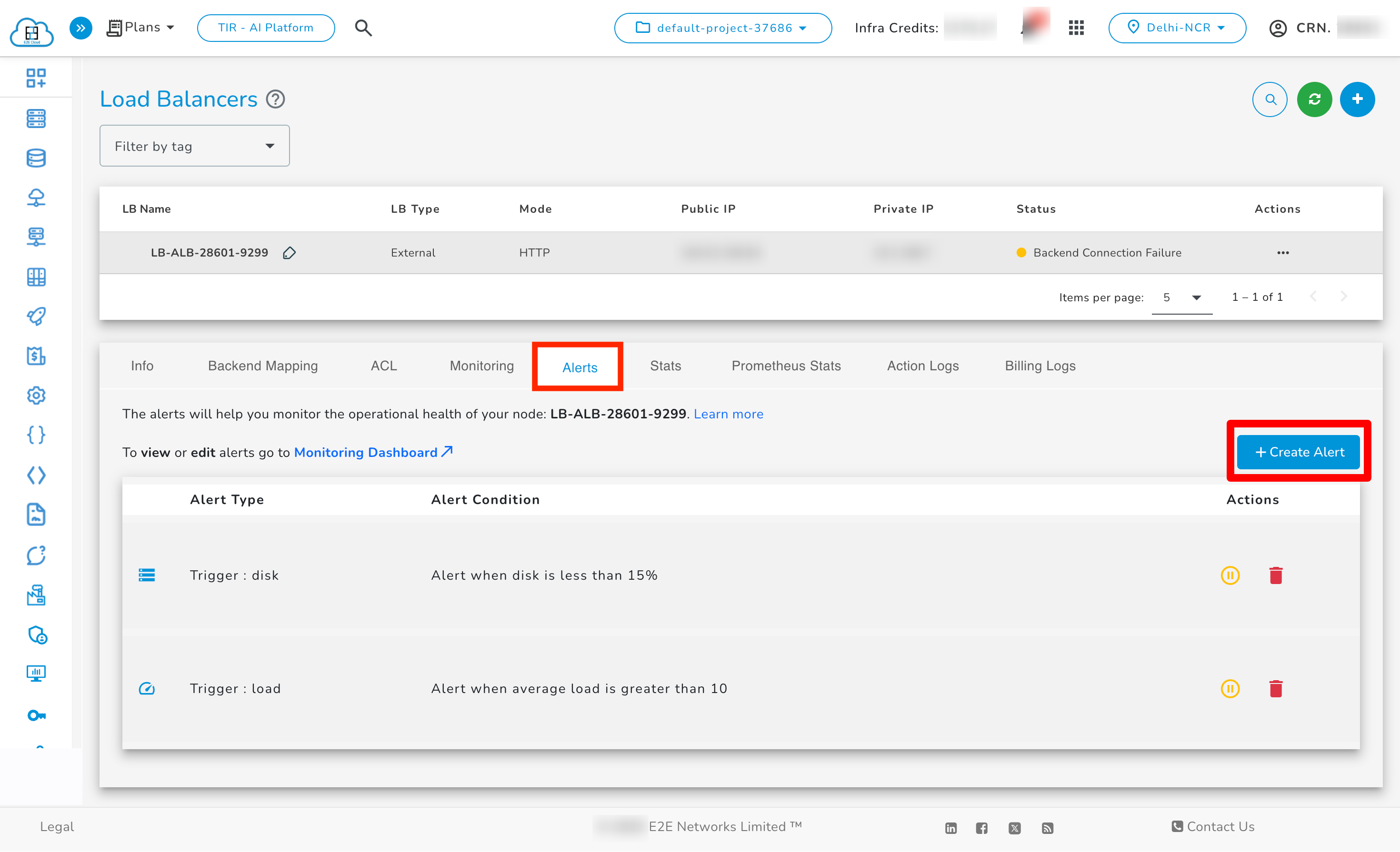 Manage Load Balancer Alert Tab
