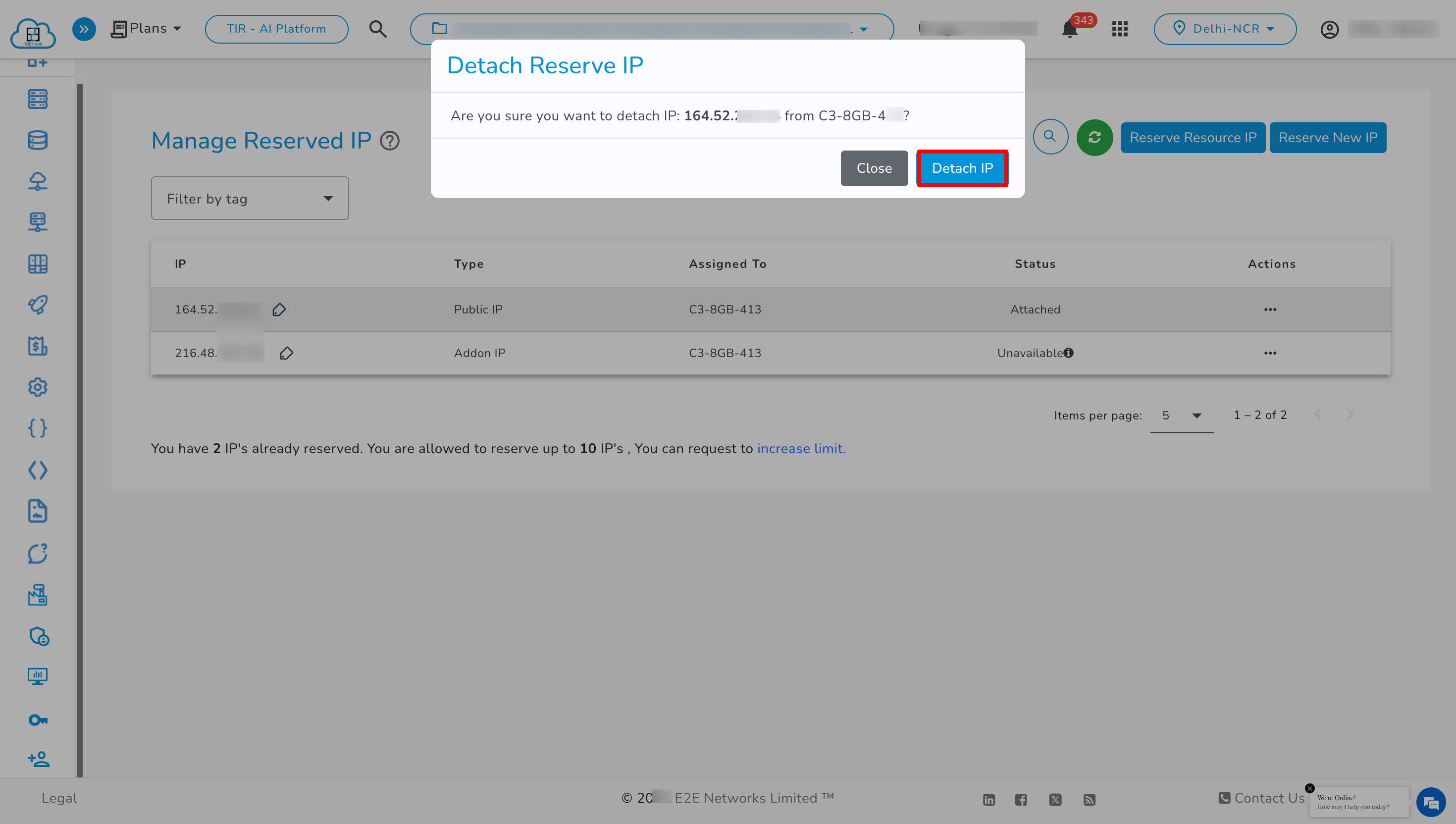 Detach Reserve IP Popup