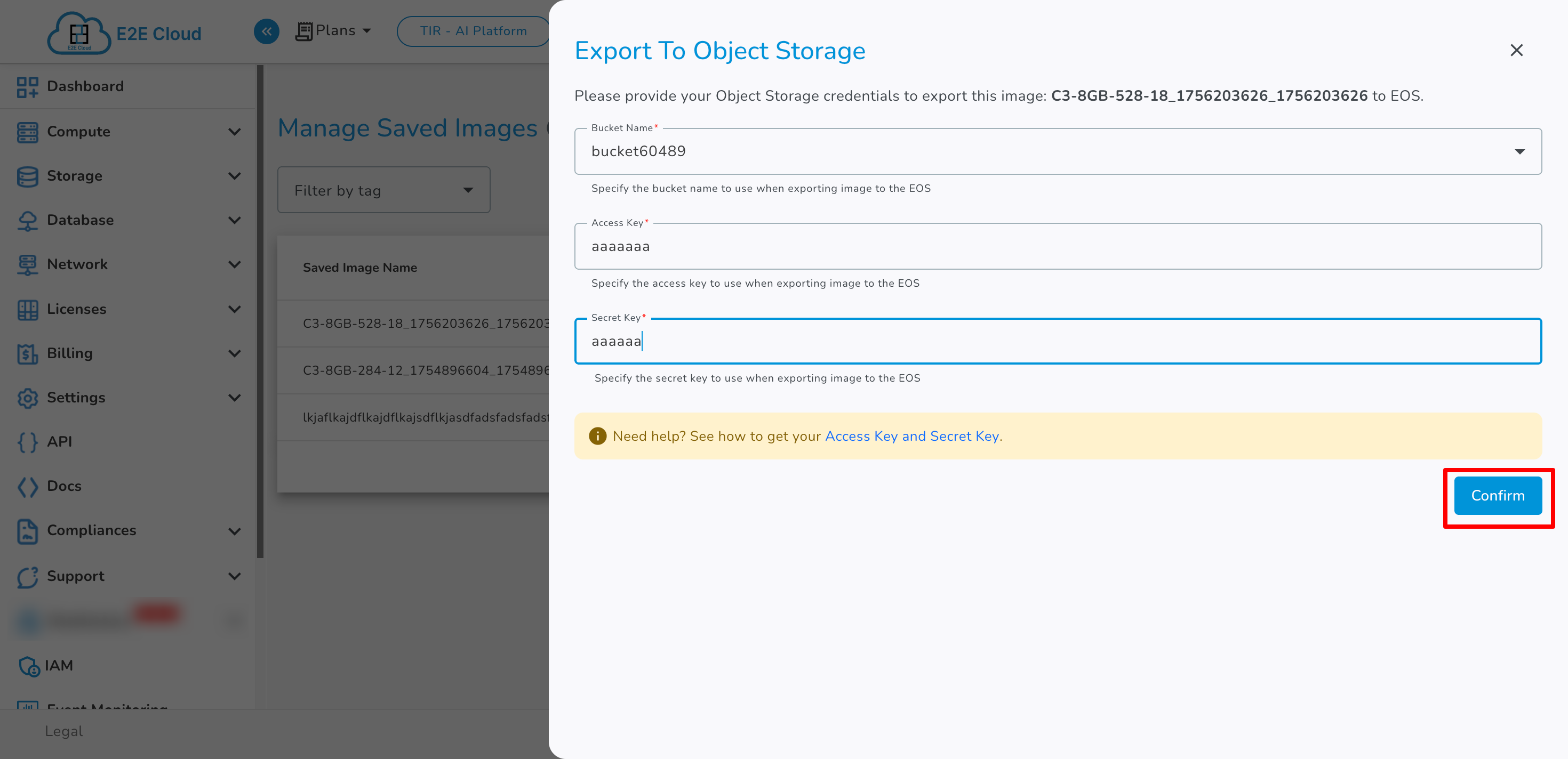 Export Image To Object Storage Drawer
