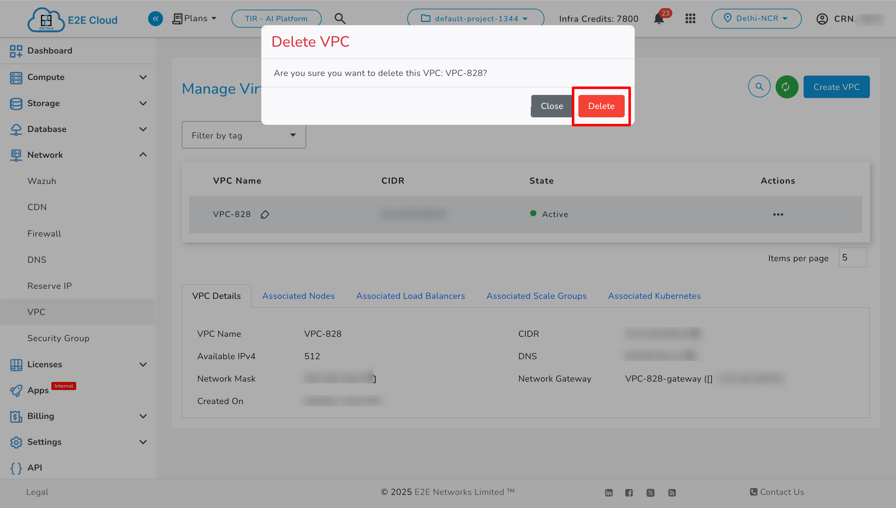 Delete VPC Popup